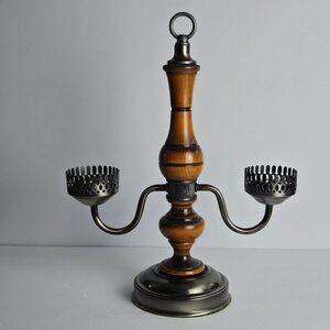 Vintage Wood & Metal Double Candle Holder – Mid Century Colonial Revival Style